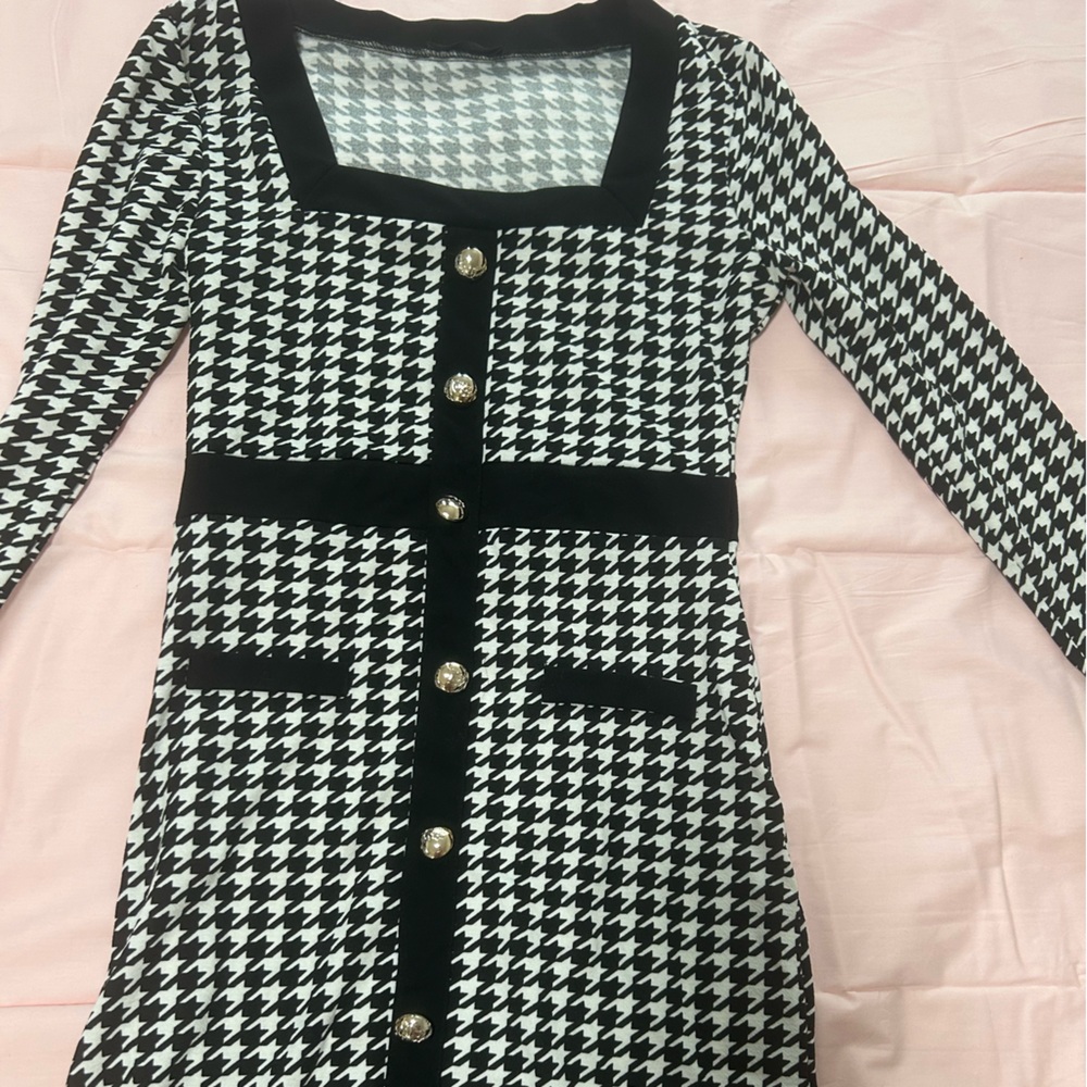 Black and White Houndstooth Dress with Gold Buttons